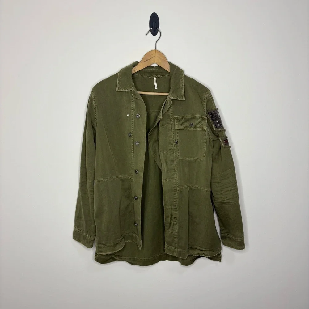 Free People Green Embellished Military Shirt Jacket Size Small - Picture 2 of 12